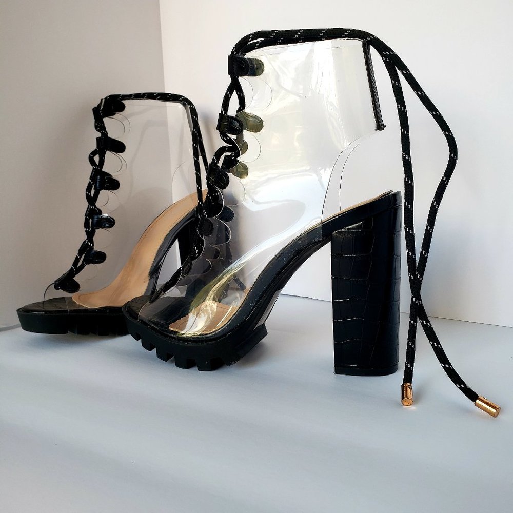 Bella Marie Black and Clear Lace Up Platform Chunky Heel Size 6.5